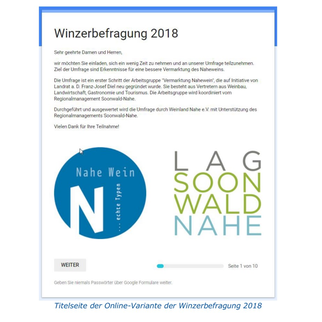Winzerbefragung 2018 im Rahmen der Arbeitsgruppe "Vermarktung Nahewein" Titelseite der Winzerbefragung 2018